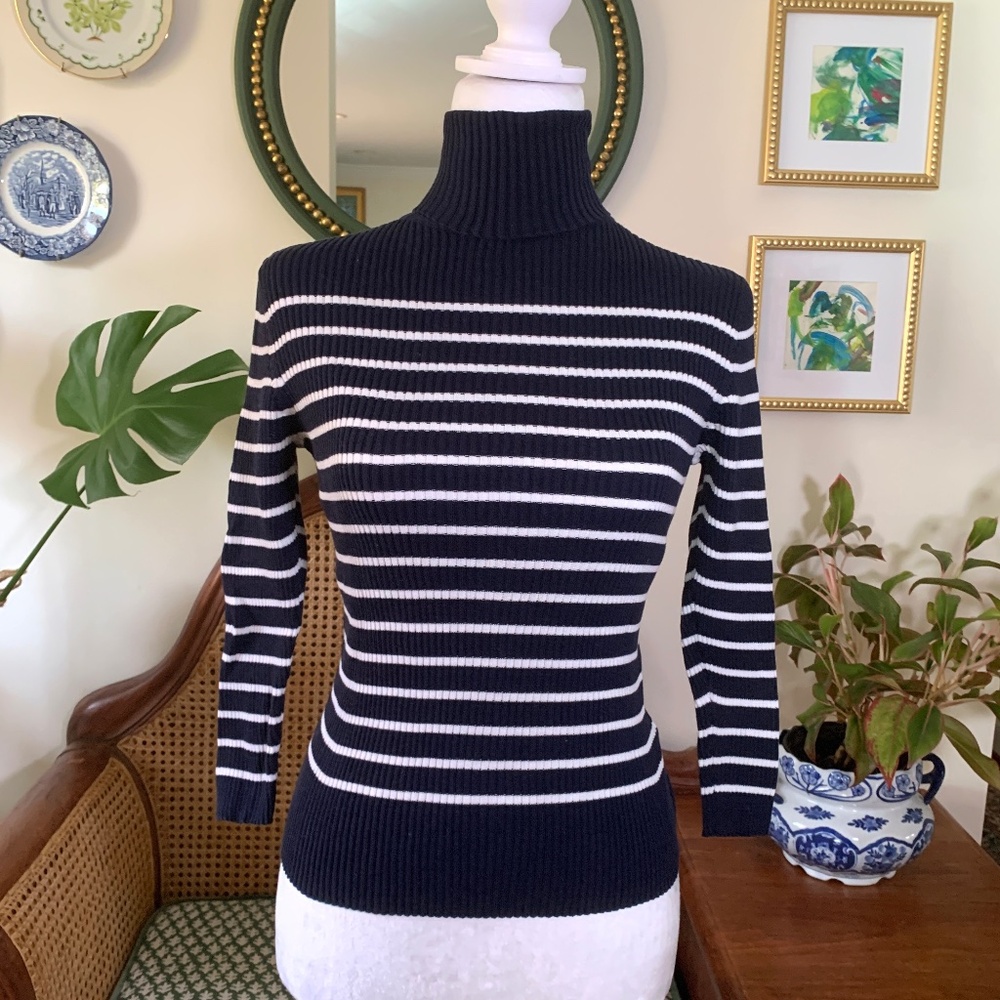 Ralph Lauren Cotton Ribbed Turtleneck Navy White Stripe Small